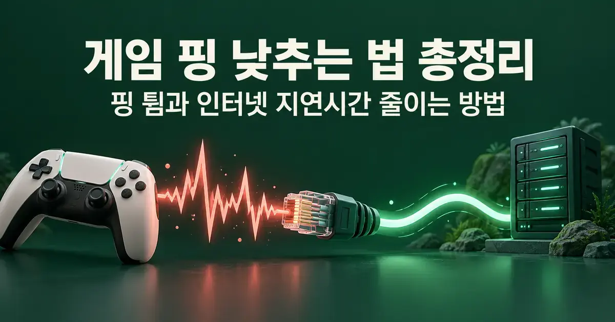 게임 핑 낮추는 법을 소개하는 제목 아래 게임 컨트롤러의 불규칙한 핑 신호가 랜선 연결을 통해 서버로 향하는 안정적인 신호로 바뀌는 모습.