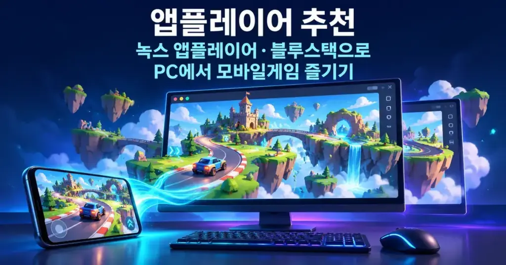 앱플레이어 추천 제목 아래 스마트폰의 모바일게임 화면이 데스크톱 모니터로 확장되고 키보드와 마우스가 배치된 이미지.
